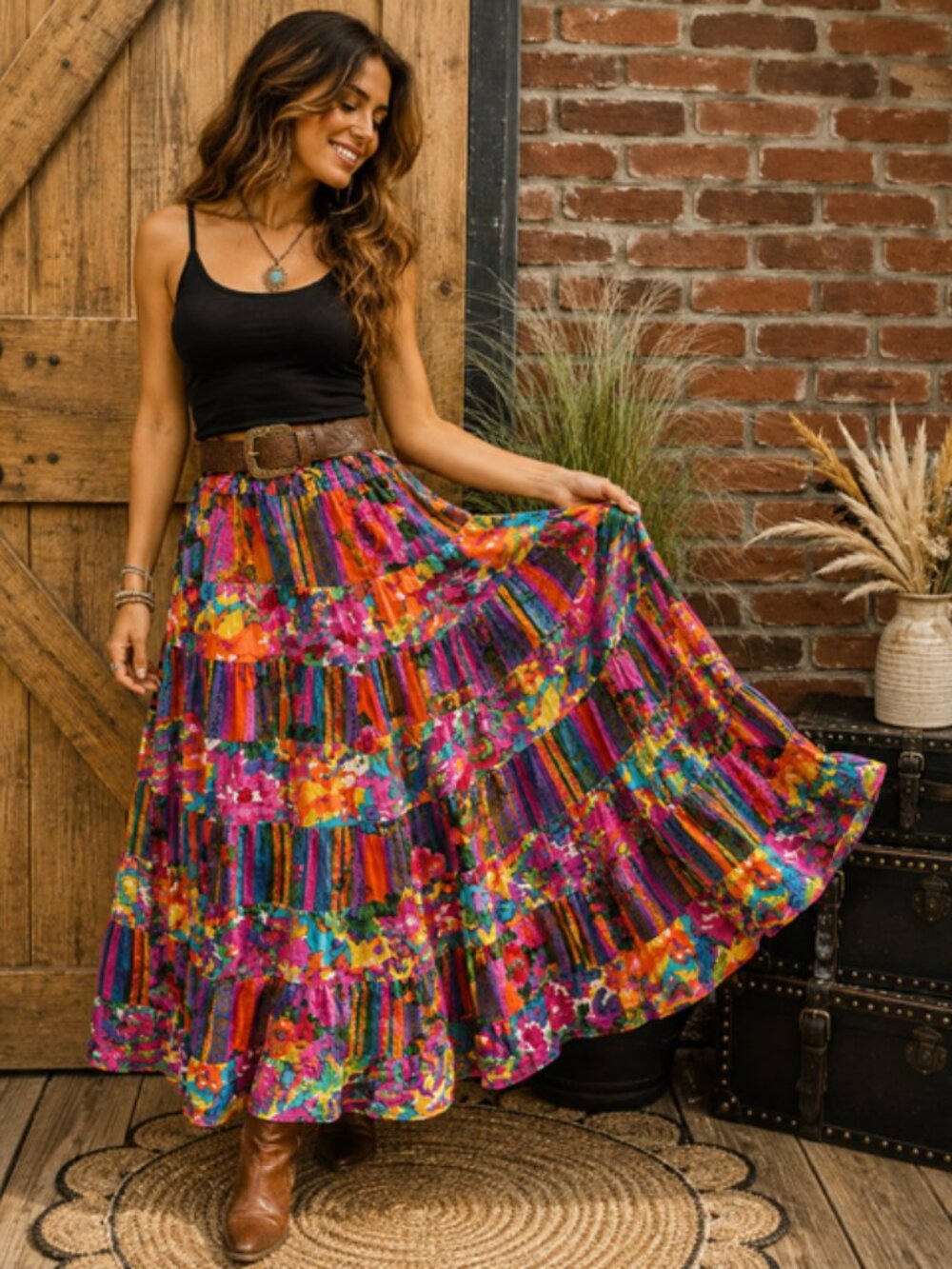 Sunbelt Sportswear Boho Floral Tiered Maxi Skirt Drawstring One Size